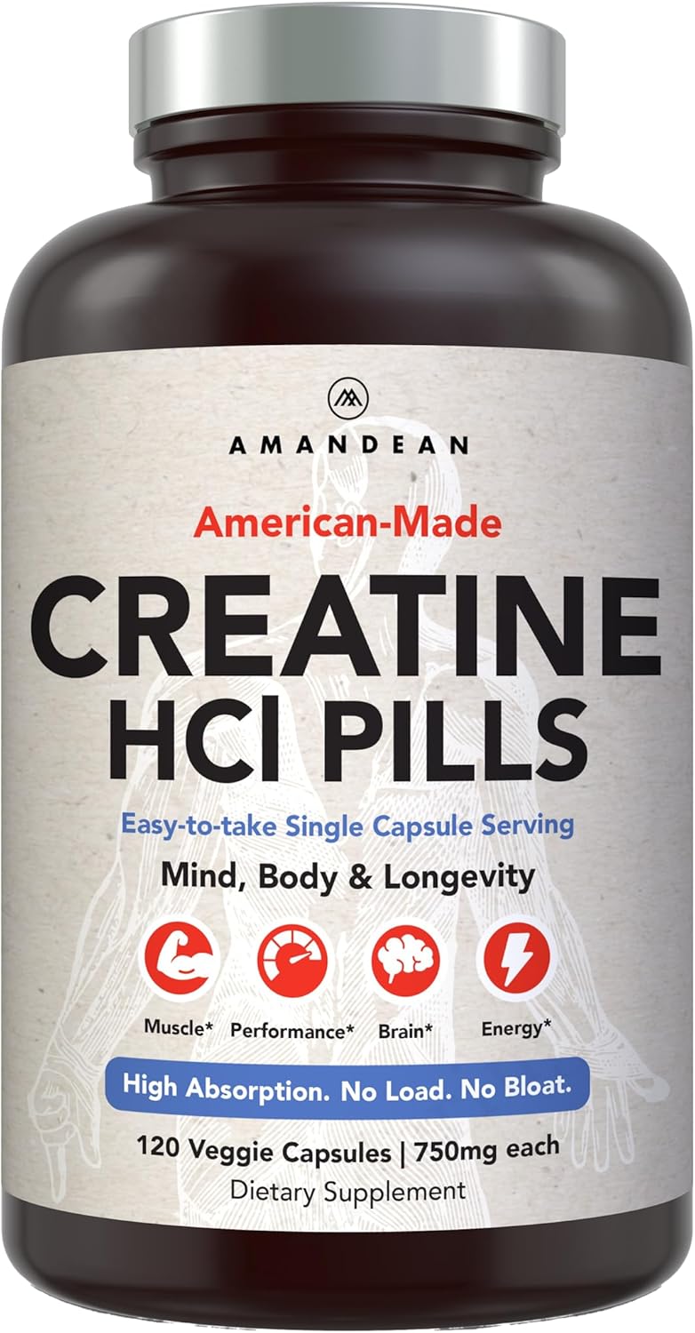 AMANDEAN Creatine HCl Pills. American Made CON-CRET. 120 Veggie Capsules. 7X Concentrated vs Monohydrate Powder. Supports Muscle Growth, Energy, Cognitive Function, Recovery. Gluten Free, Non-GMO.