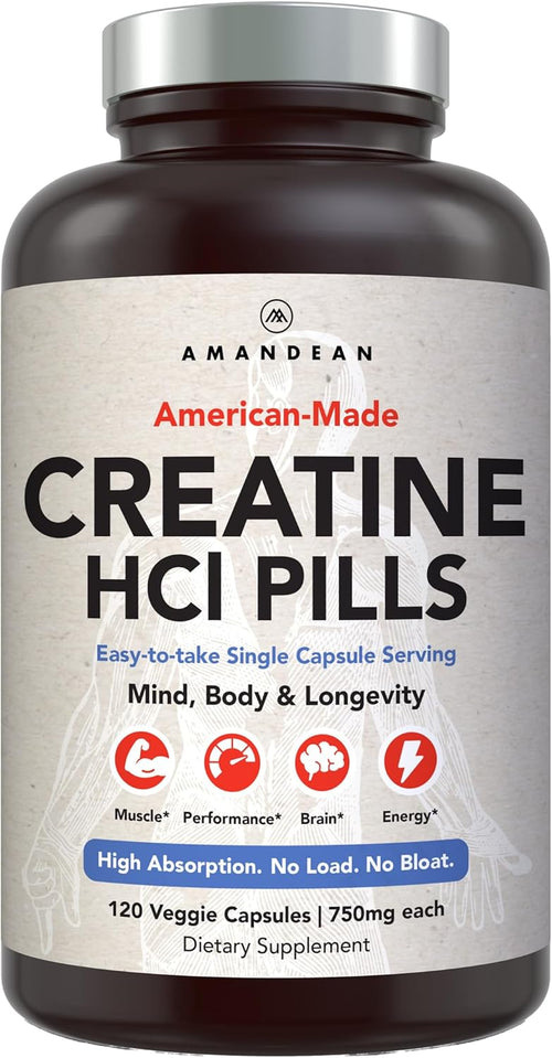 AMANDEAN Creatine HCl Pills. American Made CON-CRET. 120 Veggie Capsules. 7X Concentrated vs Monohydrate Powder. Supports Muscle Growth, Energy, Cognitive Function, Recovery. Gluten Free, Non-GMO.