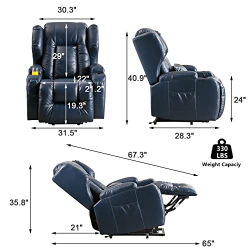 Lift Chair Recliner Power Lift Recliner Chair for Elderly Pregnant w/Massage Heat Infinite Position Electric Lift Recliner w/USB Port/Cup Holders/Side Pockets (PU-Blue)