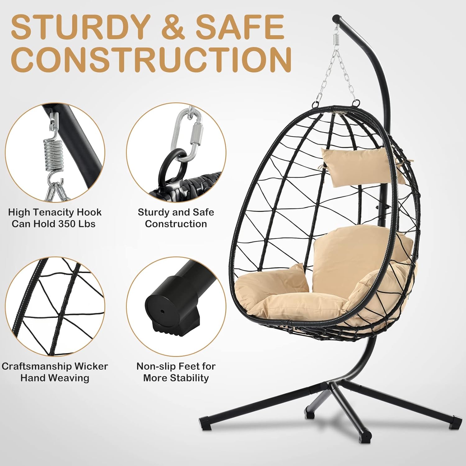 Hanging Egg Chair with Stand and Cushion, Indoor Outdoor Patio Wicker Hanging Swing Hammock Egg Chair, 350 Lbs Capacity