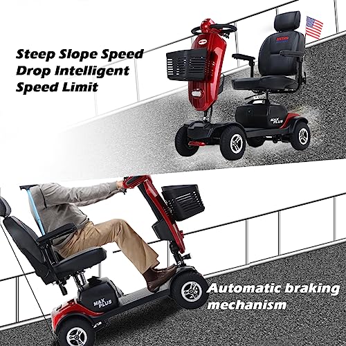 4 Wheel Mobility Scooter, Portable Electric Power Wheelchair, Range Extended Battery Compact Heavy Duty Travel Scooter, with Front Rear Lights and Basket for Seniors, Adults,Handicapped, Elderly (Red)