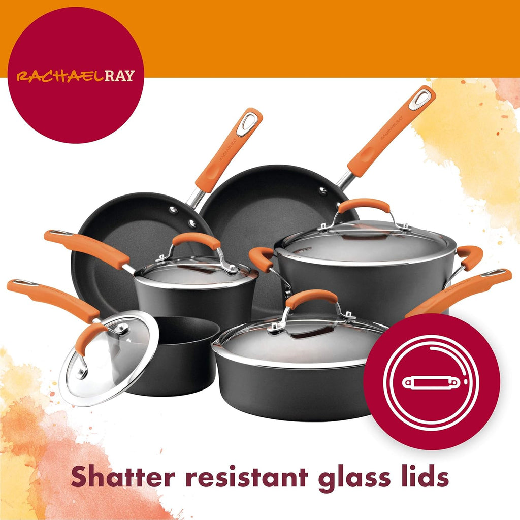 Rachael Ray Brights Hard-Anodized Aluminum Nonstick Cookware Set with Glass Lids, 10-Piece Pot and Pan Set, Gray with Orange Handles and 14-Inch Frying Pan