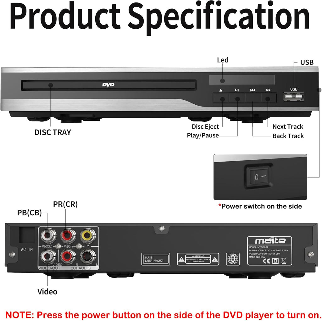 DVD Player, Region Free DVD Players for CD/DVD's, Compact DVD Player Supports NTSC/PAL System with RCA Stable Outputs/USB 128G Input, Contains Remote Control and RCA Cable(without HDMI Cable)
