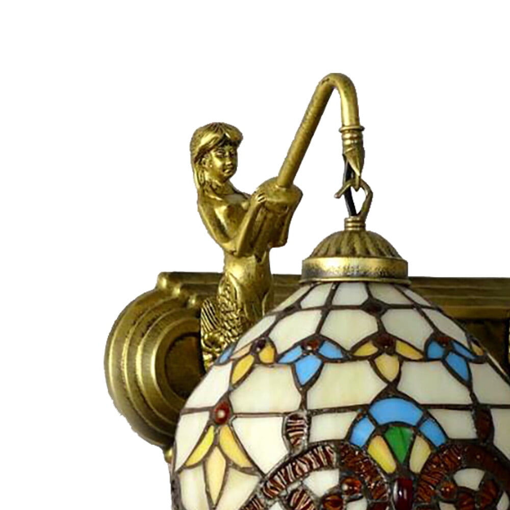 Retro Gold Stained Glass Wall Sconce 2 Lights Tiffany Mermaid Vanity Fixture Wall Light for Front Doors