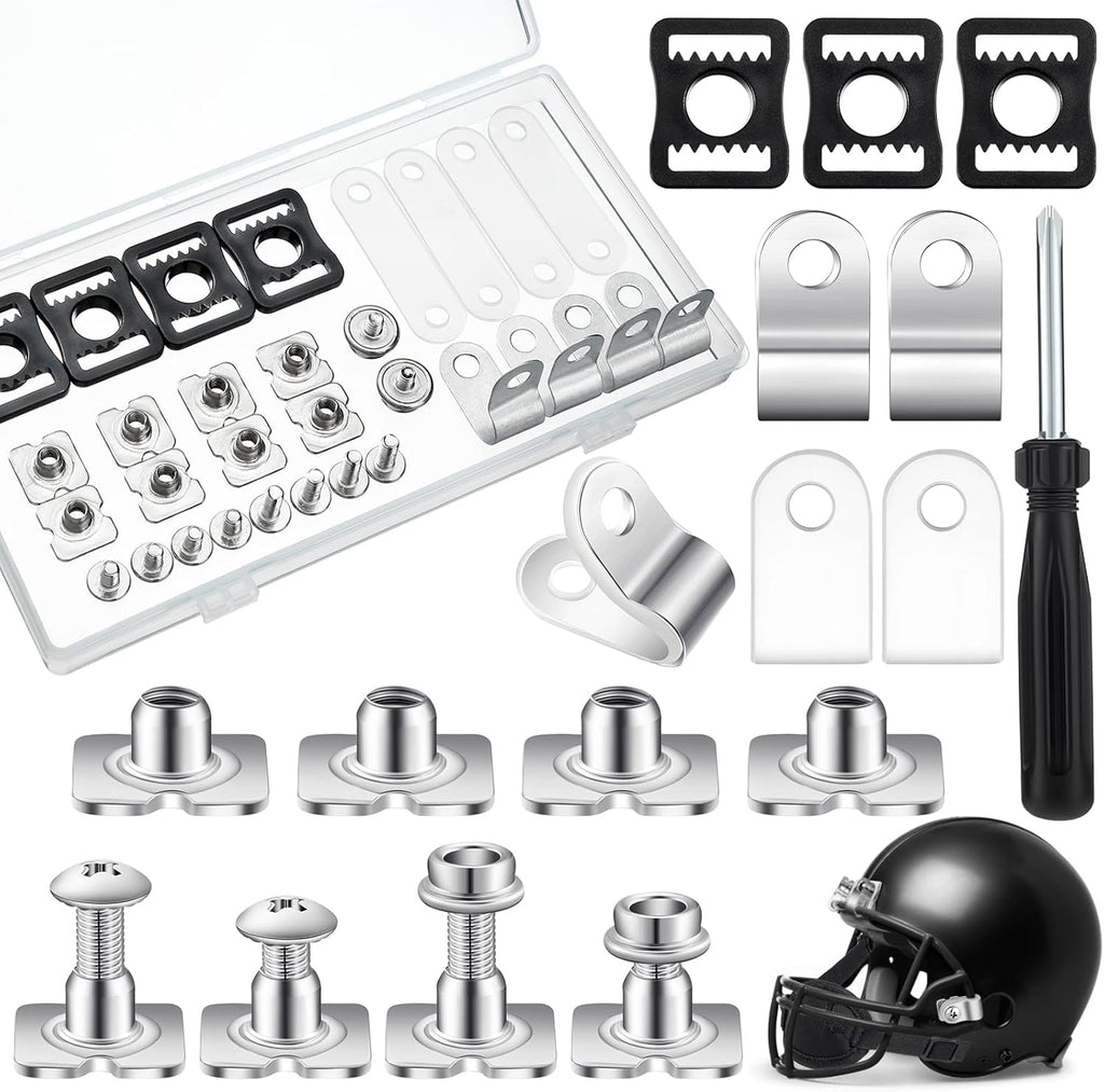 26 Pcs Helmet Repair Kit Include Helmet Chin Strap Screwdriver 4 Pcs R Shape Football Visor Clips 12 Screws with Nuts 4 Rubber Gaskets 4 Helmet Buckles, Hardware Kit for Youth Hockey Baseball Sports