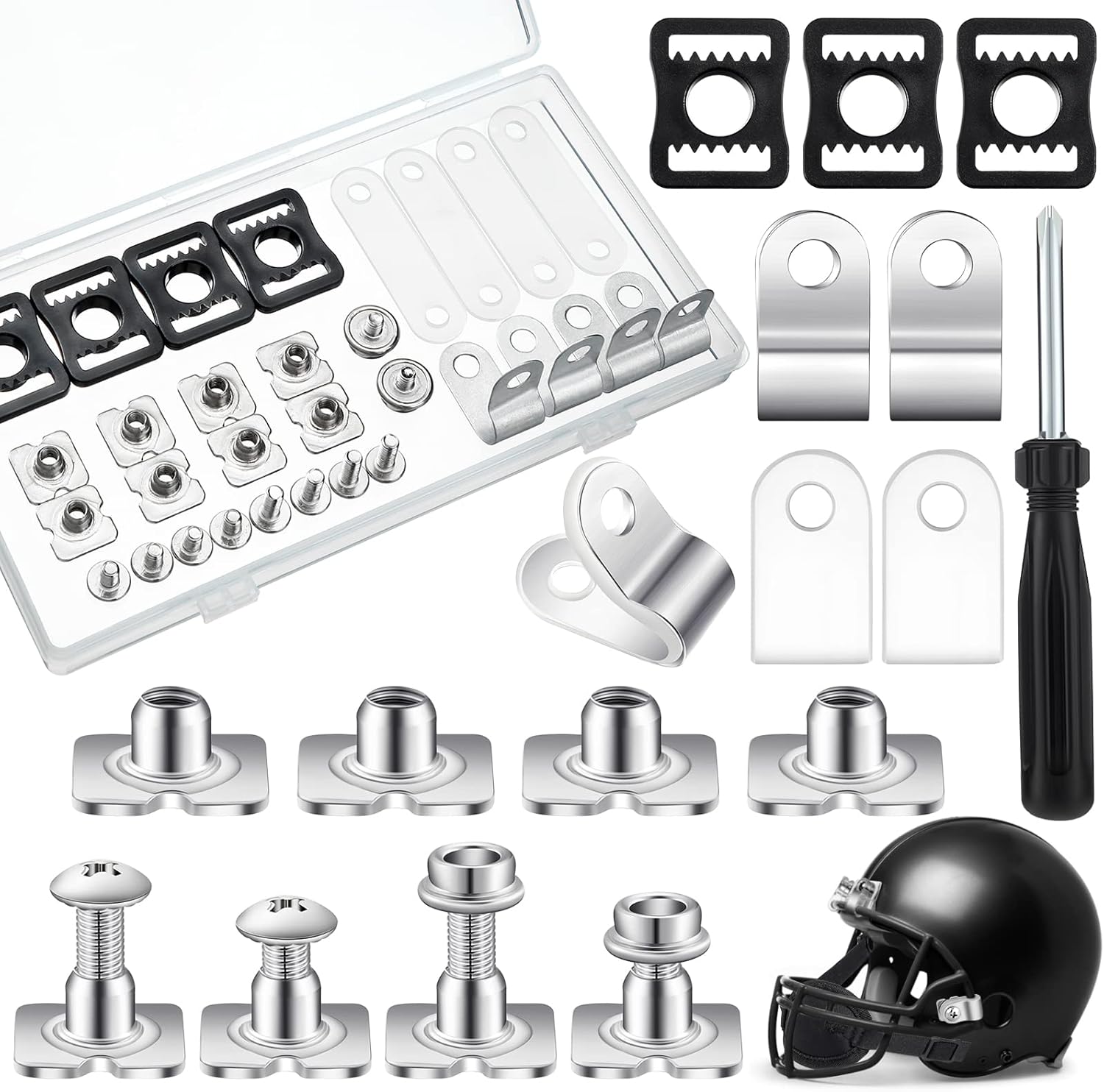 26 Pcs Helmet Repair Kit Include Helmet Chin Strap Screwdriver 4 Pcs R Shape Football Visor Clips 12 Screws with Nuts 4 Rubber Gaskets 4 Helmet Buckles, Hardware Kit for Youth Hockey Baseball Sports