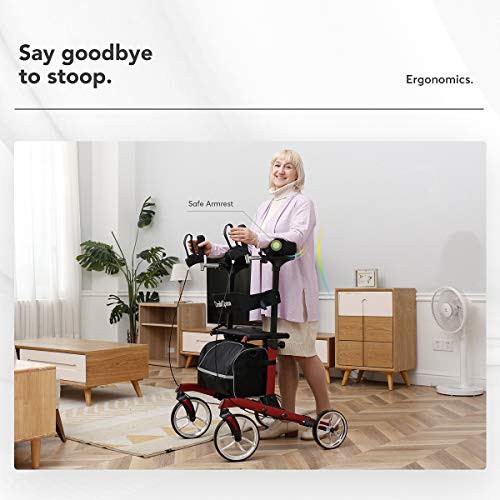 OasisSpace Upright Walker for Seniors - 10” Front Wheels Upright Rollator Walker with Seat and Padded Armrest, Folding Stand Up Walker Support up 300lbs,Gray