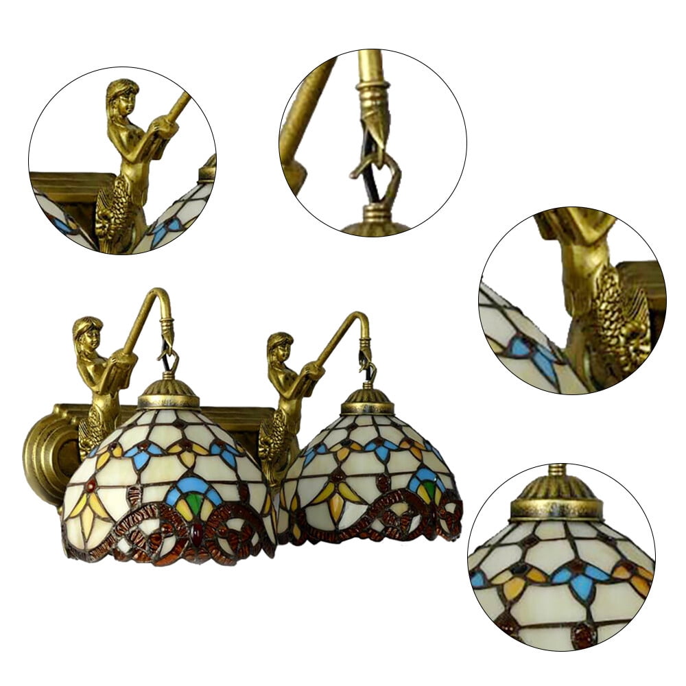 Retro Gold Stained Glass Wall Sconce 2 Lights Tiffany Mermaid Vanity Fixture Wall Light for Front Doors
