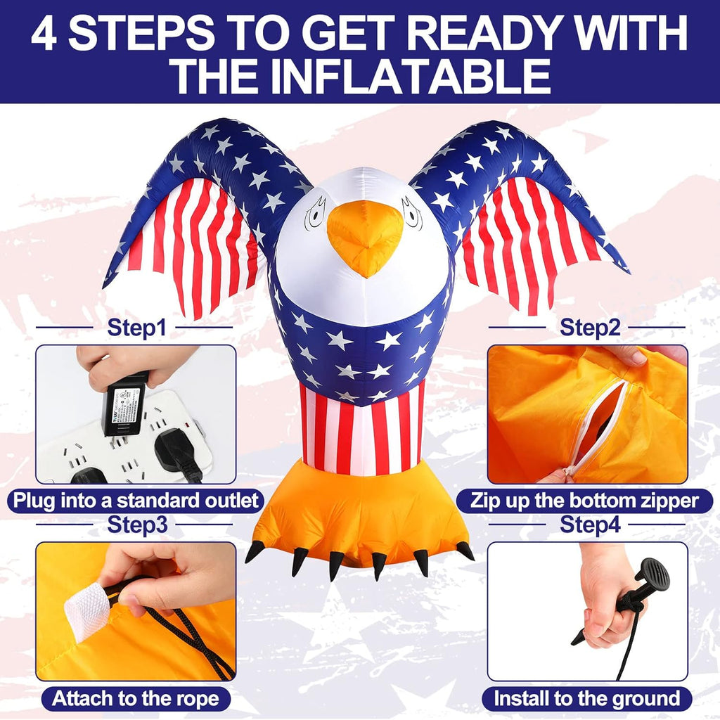 6 ft 4th of July Inflatable Decoration Patriotic American Inflatable Eagle with Built-in LED Light and Blower, Blow up Party Decor for Lawn Garden Independence Day Outdoor Indoor