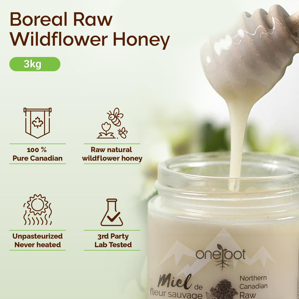 Oneroot 100% Canadian Wildflower Honey - 3kg / 6.6lb, Unfiltered, Unheated & Creamed, Nutrient Rich Raw Wildflower Honey With Enzymes, Thick Natural Sweetener
