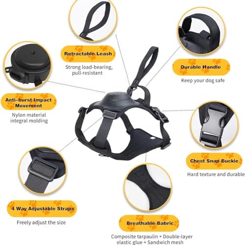 Poochbark 3 in 1 Dog Harness with Built-in Leash, Dog Harness with Retractable Leash, Adjustable Soft Padded Dog Vest, Auto-Lock & No-Pull Control, Dog Harness Medium Size Dog (Black, M)