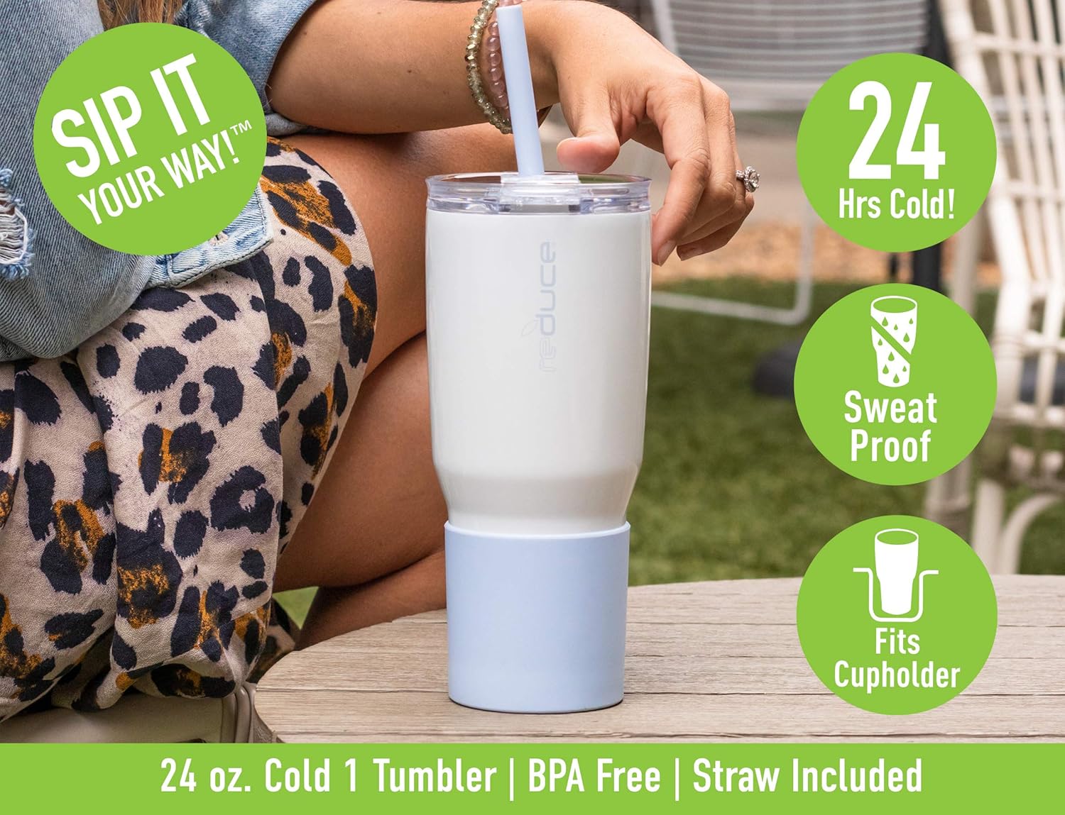 Reduce 24 oz Tumbler, Stainless Steel – Keeps Drinks Cold up to 24 Hours – Sweat Proof, Dishwasher Safe, BPA Free – Blue and White, 2 Pack