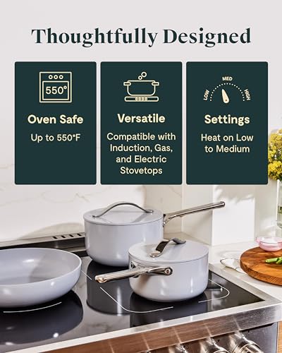 Caraway Nonstick Ceramic Cookware Set (12 Piece) Pots, Pans, 3 Lids and Kitchen Storage - Non Toxic - Oven Safe & Compatible with All Stovetops - Cream