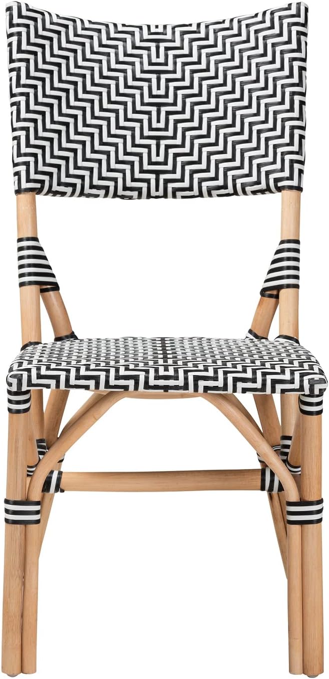 Baxton Studio Wagner Black and White Weaving and Natural Rattan Bistro Chair