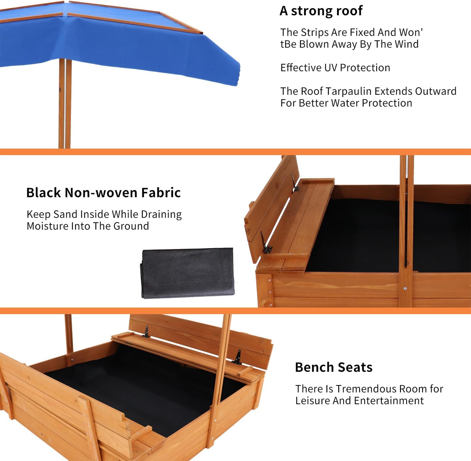 Wooden Cedar Sand Box, Large Kids Sand Boxes with Adjustable Canopy, 2 Foldable Bench Seats, Sand Protection, Bottom Liner, Sand Boxes for Backyard Garden, Sand Pit for Beach Patio Outdoor (47 Inch)