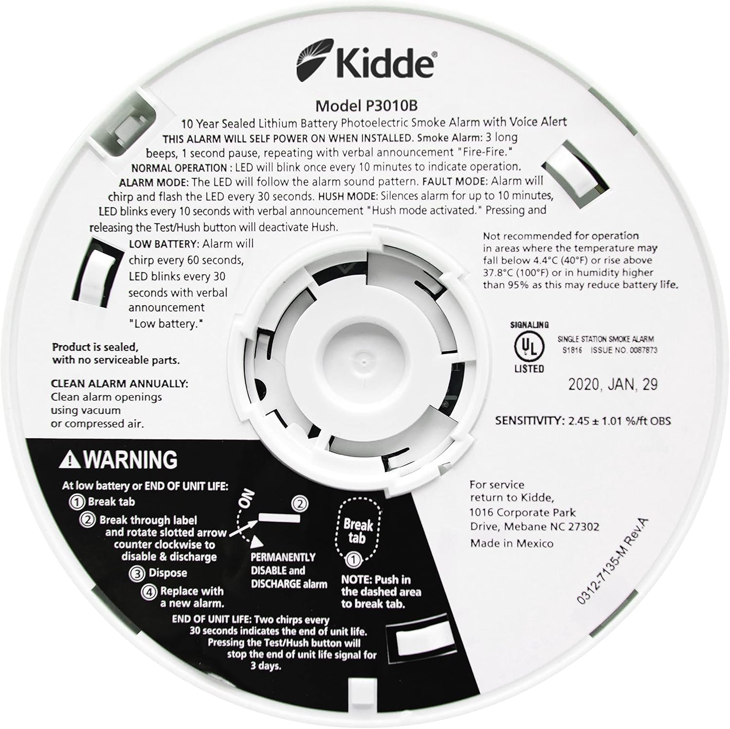 Kidde Smoke Detector, 10-Year Battery, Photoelectric Sensor Smoke Alarm, White