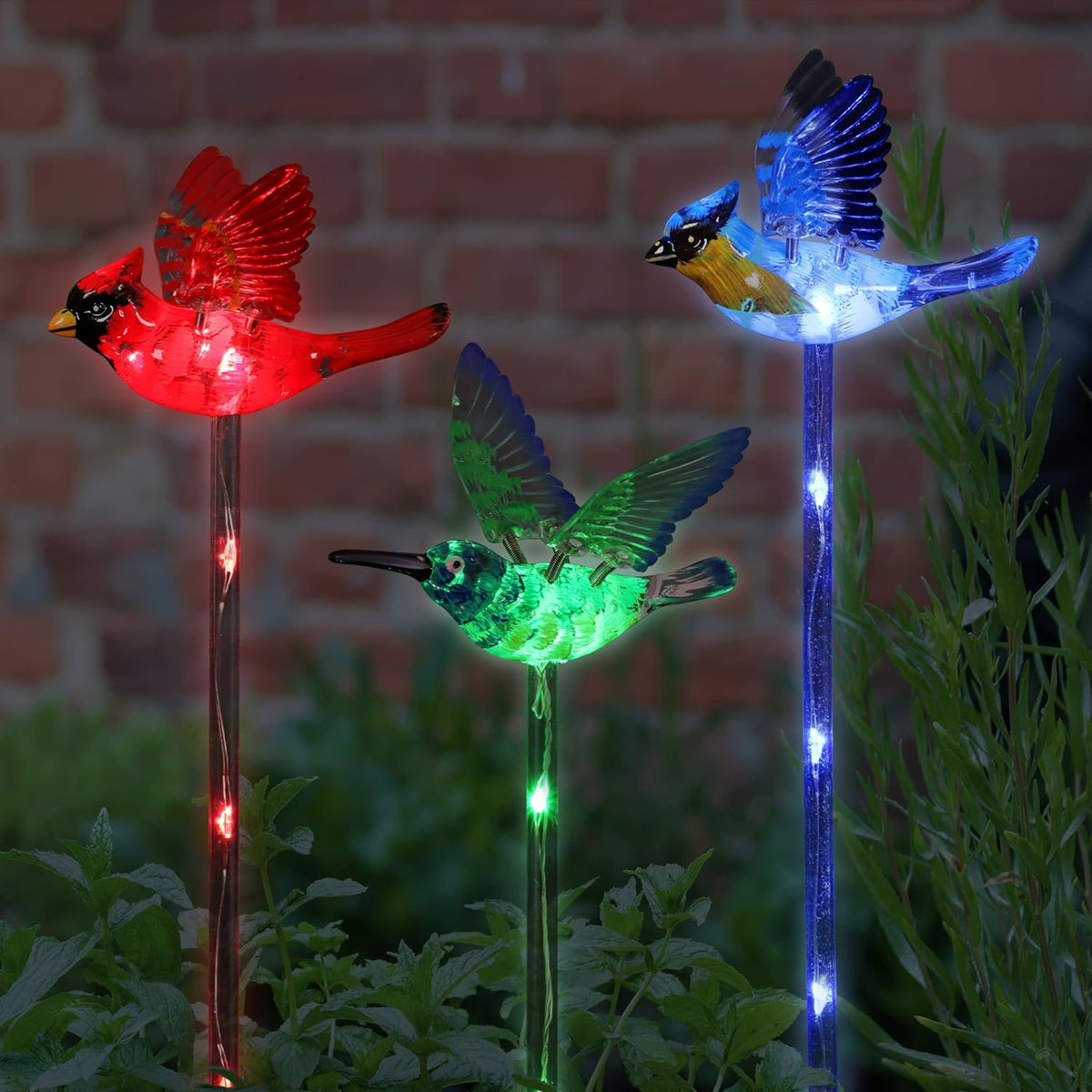 Exhart Garden Stake, Set of 3 Bird Garden Solar Lights Stakes, Colored LEDs, WindyWing Outdoor Garden Decorations, Cardinal, Hummingbird, and Blue Bird, 3 x 24 Inch