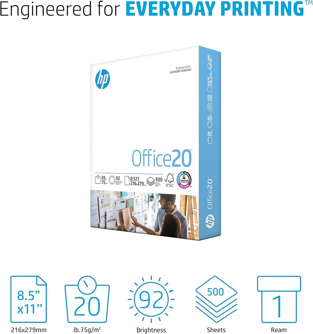 HP Printer Paper | 8.5 x 11 Paper | Office 20 lb | 1 Ream - 500 Sheets | 92 Bright | Made in USA - FSC Certified | 172160R