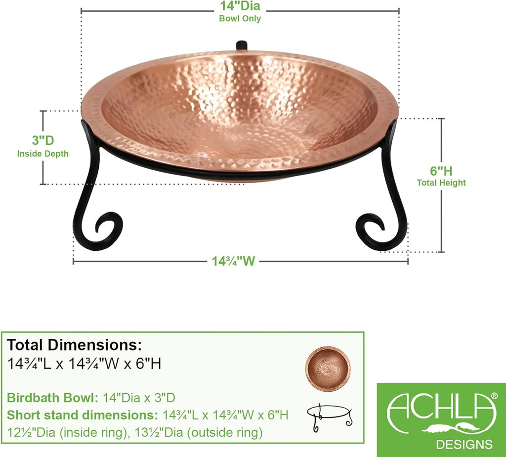 Achla Designs 201-7017 Hammered Solid Short Stand Birdbath, Satin Copper