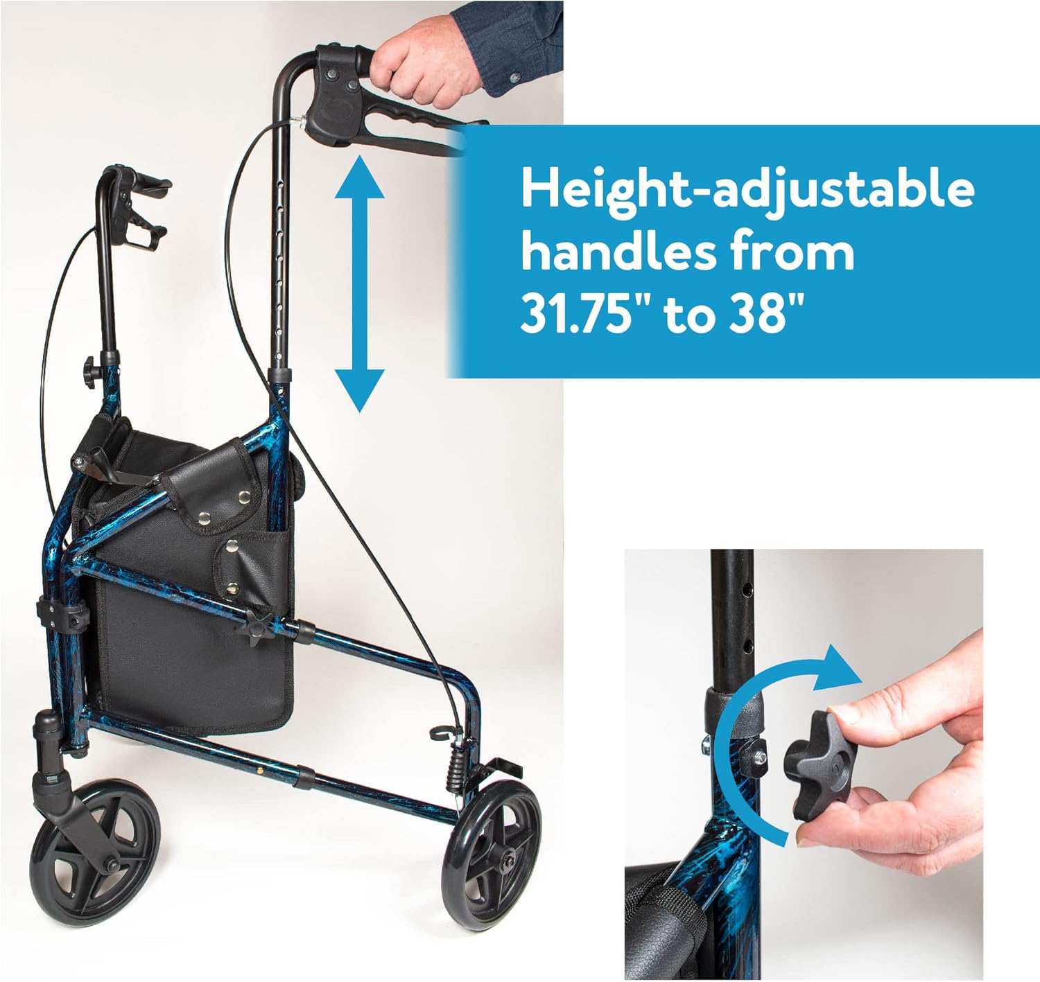 Carex 3 Wheel Walker for Seniors, Foldable, Rollator Walker with Three Wheels, Trio Walker with Height Adjustable Handles, Walker with Wheels, Folding Walker with Wheels.