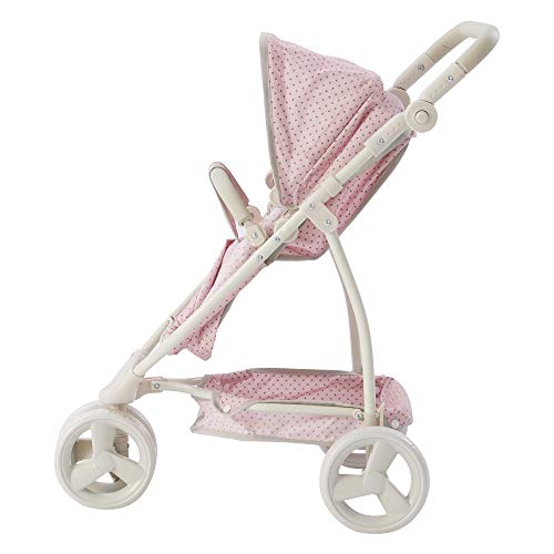 Olivia's Little World 2-in-1 Convertible Baby Doll Stroller with Retractable Canopy, All-Terrain Wheels, and Adjustable Handle, Cream and Pink with Gray Polka Dots