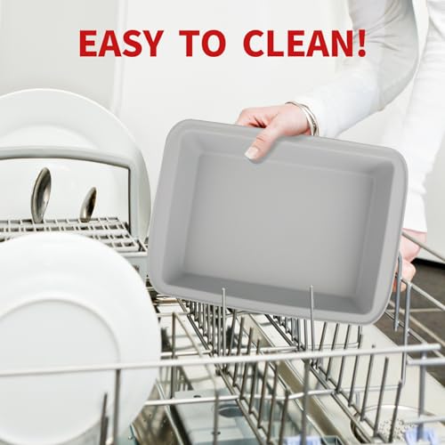 Silicone Baking Dish with Handles, Deep Rectangular Bakeware Cake Pan, Compatible with Fancy Panz, for Lasagna, Cake, Brownie or Family Dinner, 12.6 x 9.8 x 2.1 Inch (Grey)