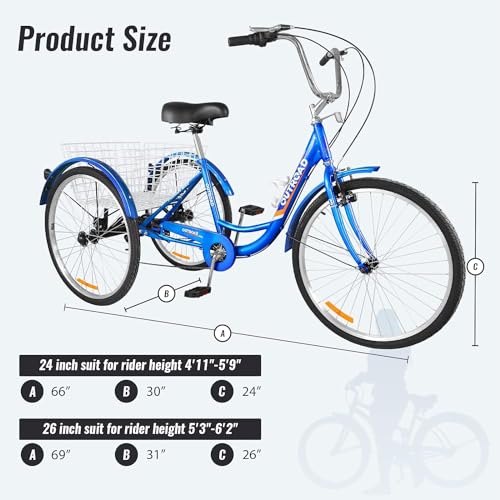 7-Speed Adult Tricycle with Large Basket 24/26 Inch, Stable 3-Wheel Cruise Bicycle for Shopping, Beach and City Trike Perfect for Men, Women, Seniors(Red/Blue)