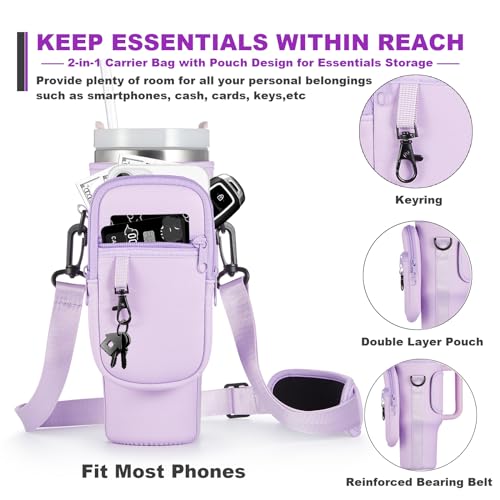 Water Bottle Carrier Bag with Phone Pocket for Stanley 40 & 30 oz Tumbler with Handle,Pink Insulated Neoprene Cup Holder Pouch w/Adjustable Strap for Quencher H2.0 Stanley Cup Accessories