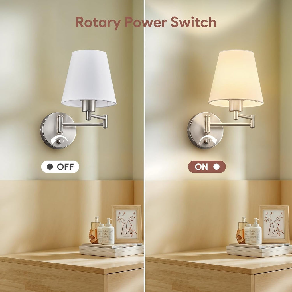 Wall Sconce Set of 2, Plug in & Hardwired Swing Arm Wall Lamps, Adjustable Wall Mounted Lighting Fixtures, Modern Wall Lights with Nickel Base White Fabric Shade for Bedside, Hallway, Study