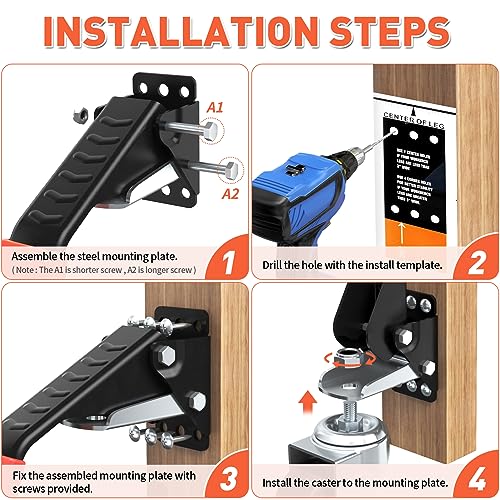 SPACEKEEPER Workbench Casters Kit 880 Lbs - 3 Inch Heavy Duty Retractable Caster Designed for Workbenches Machinery & Tables, 4 Pack