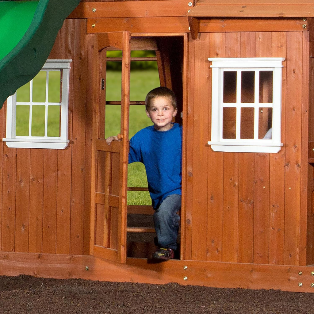 Backyard Discovery Shenandoah All Cedar Wooden Playset Swing Set with 2 Belt Swings, Trapeze Bar, 10 ft Wave Slide, Covered Upper and Lower Playhouse, Play Kitchen, Rock Wall, Outdoor Bench