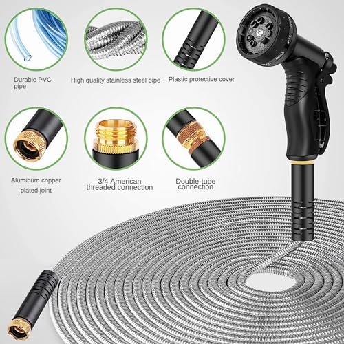 100FT Stainless Steel Garden Hose - Heavy Duty, Kink & Tangle Free, Bite Proof, Puncture Resistant with Connectors - Ideal for Outdoor Watering & Cleaning
