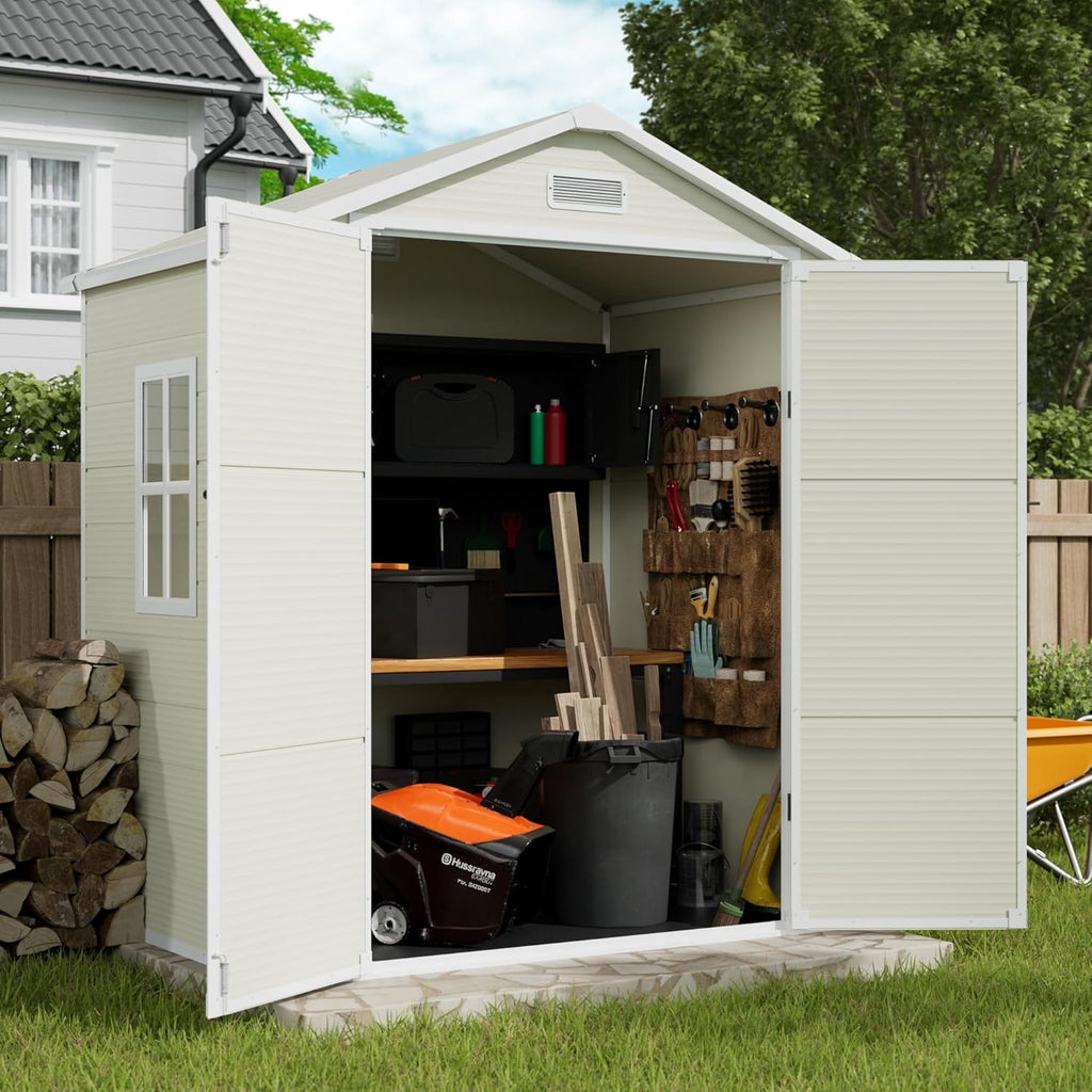 Outdoor Storage Shed, 6x4.5 FT Resin Shed with Floor and Lockable Door for Bike, Garbage Cans, Garden Accessories, Sandstone