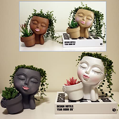 Head Planter Face Flower Pot, Dolkgy Woman Face Planter Unique White Head Planters for Indoor Outdoor Plants, Novelty Plant Pot Cute Lady Head Vase with Drainage Hole for Home Garden Succulents Cactus
