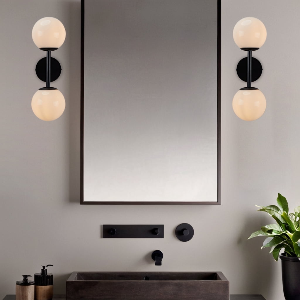Modern Black Milk Glass Double Sconce - Stylish Bathroom Vanity Light & Kitchen Wall Sconce