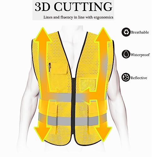 HYCOPROT High Visibility Mesh Safety Reflective Vest with Pockets and Zipper, Meets ANSI/ISEA Standards