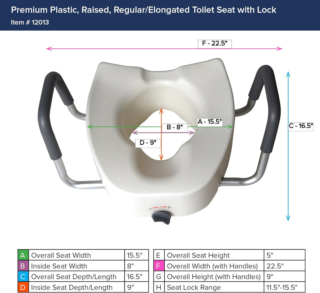 Drive Medical Premium Plastic Raised Toilet Seat with Lock and Padded Armrests, Elongated, Pack of 1