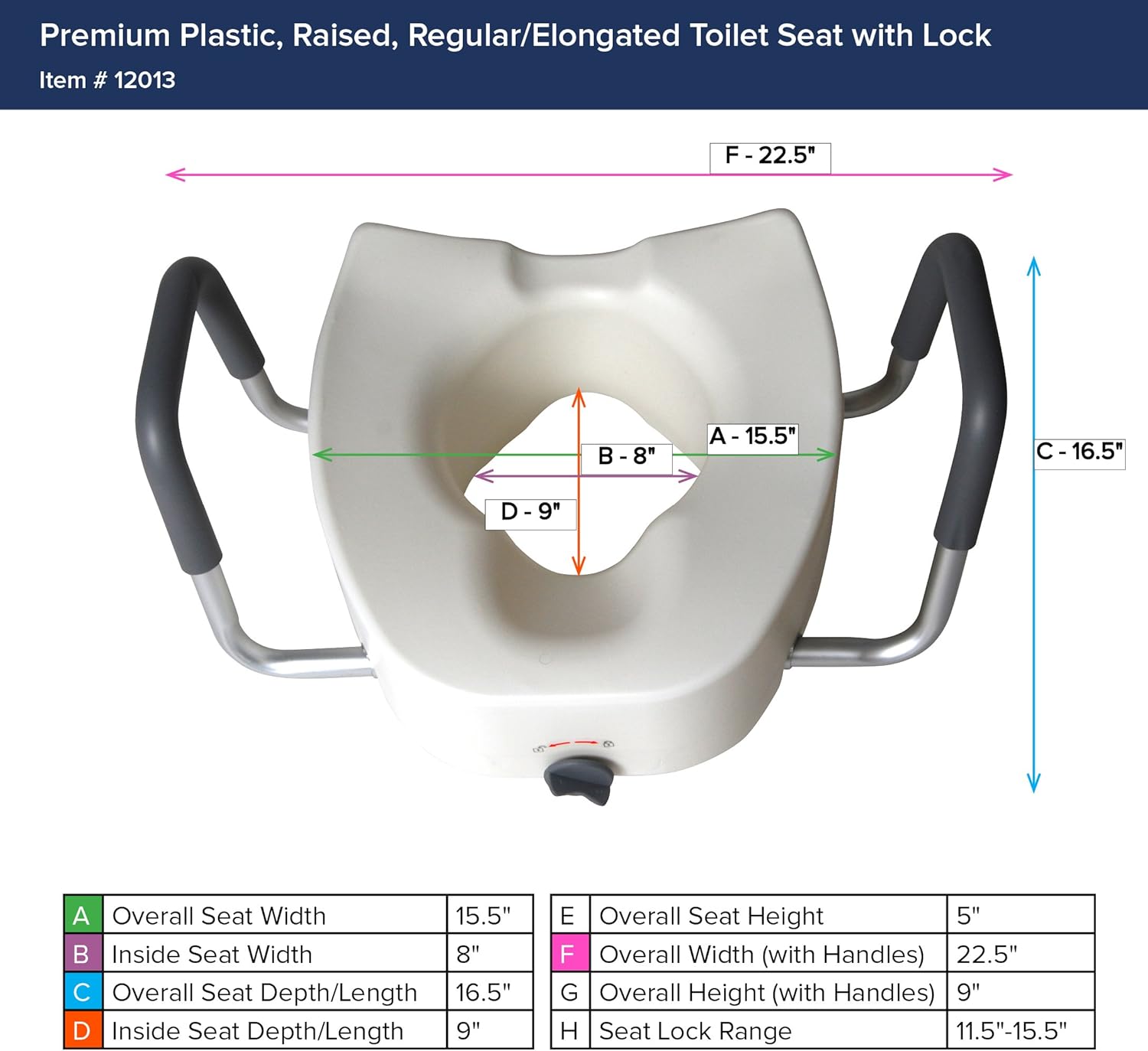 Drive Medical Premium Plastic Raised Toilet Seat with Lock and Padded Armrests, Elongated, Pack of 1