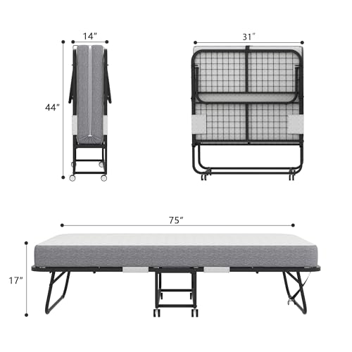 Folding Bed with Mattress 75" x 38" Rollaway Guest Bed Portable Foldable Bed for Adults with 5" Memory Foam Mattress Space-Saving Sturdy Metal Frame