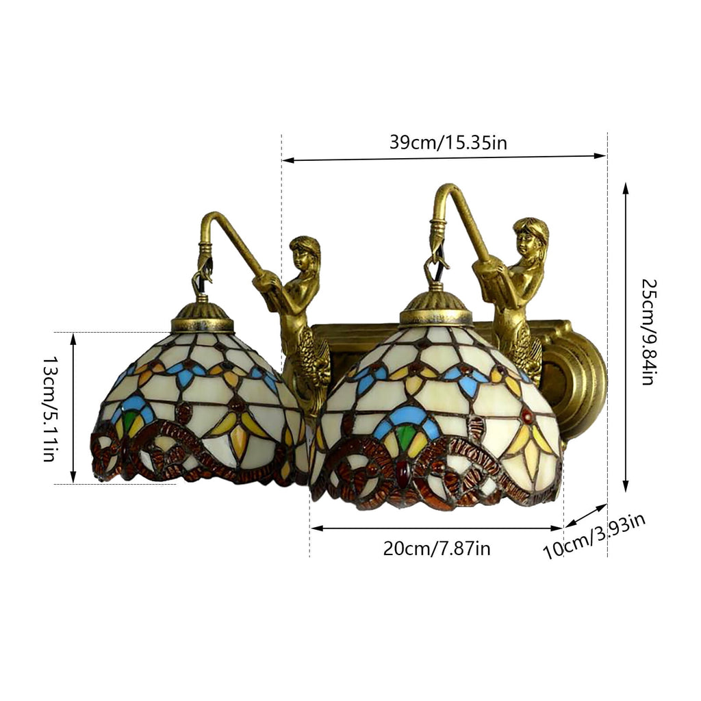 Retro Gold Stained Glass Wall Sconce 2 Lights Tiffany Mermaid Vanity Fixture Wall Light for Front Doors