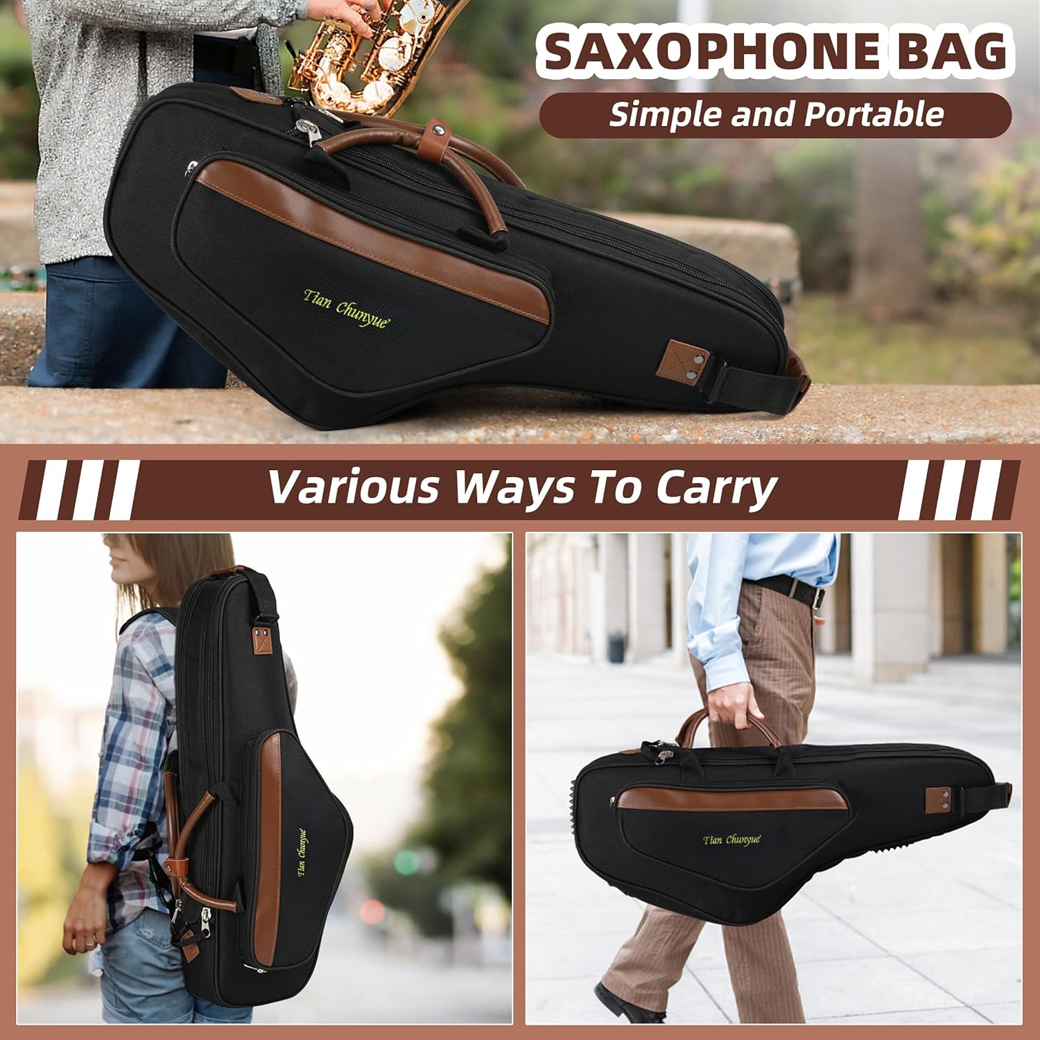 Alto Saxophone Case - Waterproof Oxford Cloth Double Zipper Design Double Shoulder Straps Portable Alto Saxophone Carrying Saxophone Case