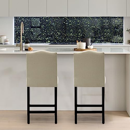 LSSBOUGHT Counter Stools, 24 inches Upholstered Bar Chairs with Solid Wood Legs and Nailed Trim Set of 2 (Beige)