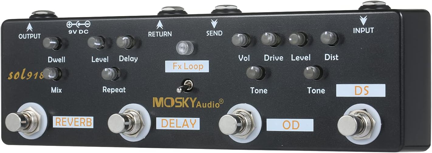 SOL918 5-in-1 Multi Effect Pedal Combined Effect Guitar Pedal True Bypass Multi-in-one Combined Effect Device Reverb Delay FX Loop Overdrive Distortion for Guitar Bass Electro-acoustic