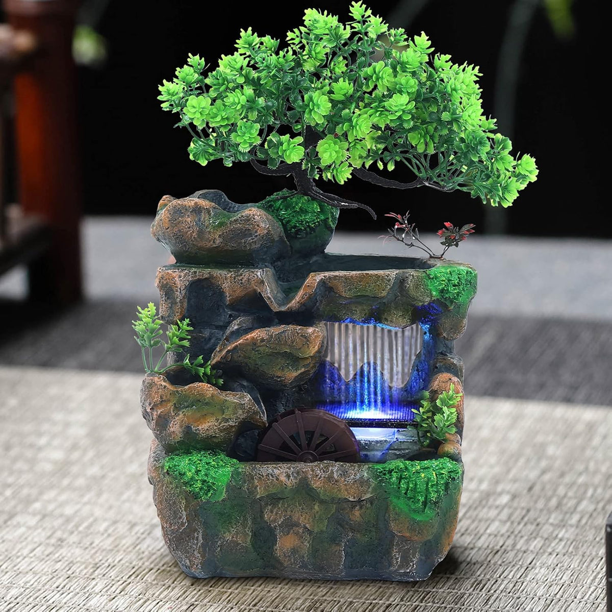 Water Fountain Rockery Ornaments with Waterfall & LED Colorful Lights Mini Desktop Waterfall Small Rockery for Office, Home, Bedroom Desk Decoration