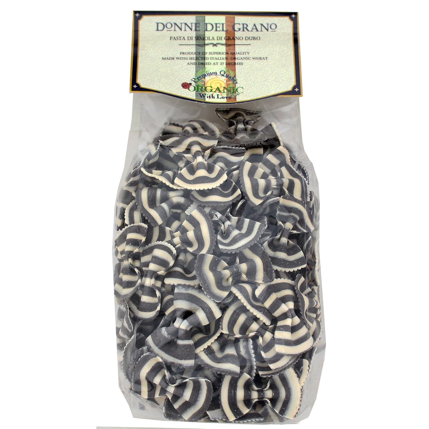 Donne Del Grano Organic Gourmet Italian Squid Ink Black n White Bow Tie Pasta Noodles, 8.8 Oz (250 grams), Pack of 2 bags