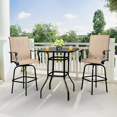 VINGLI Upgraded 3PCS Swivel Outdoor Bar Set Patio Bar Set Outdoor Bistro Set, 2 Swivel Bar Stools and Bar Table for Yard, Garden High Top Outdoor Table and Chairs (Black)