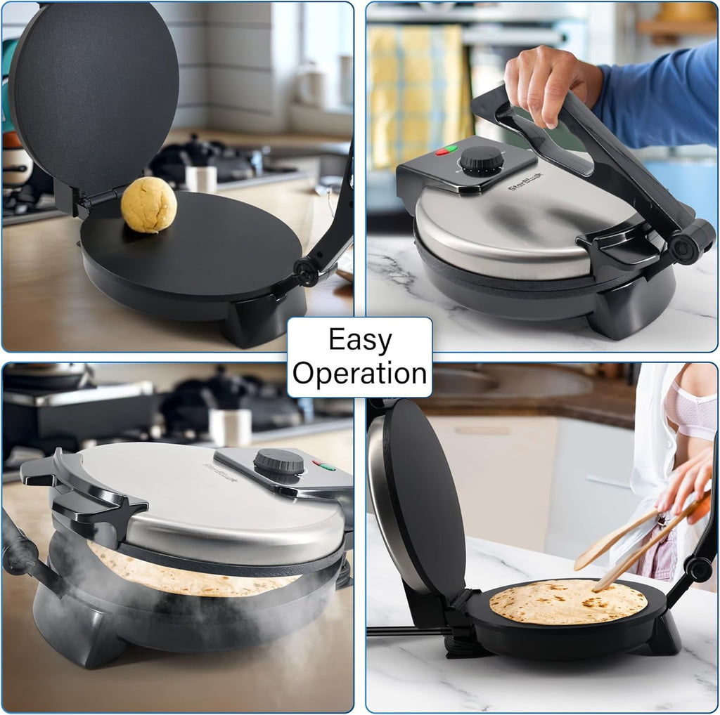10inch Roti Maker by StarBlue with FREE Roti Warmer and Removable Handle - The automatic Stainless Steel Non-Stick Electric machine to make Indian style Chapati, Tortilla, Roti AC 110V 50/60Hz 1200W
