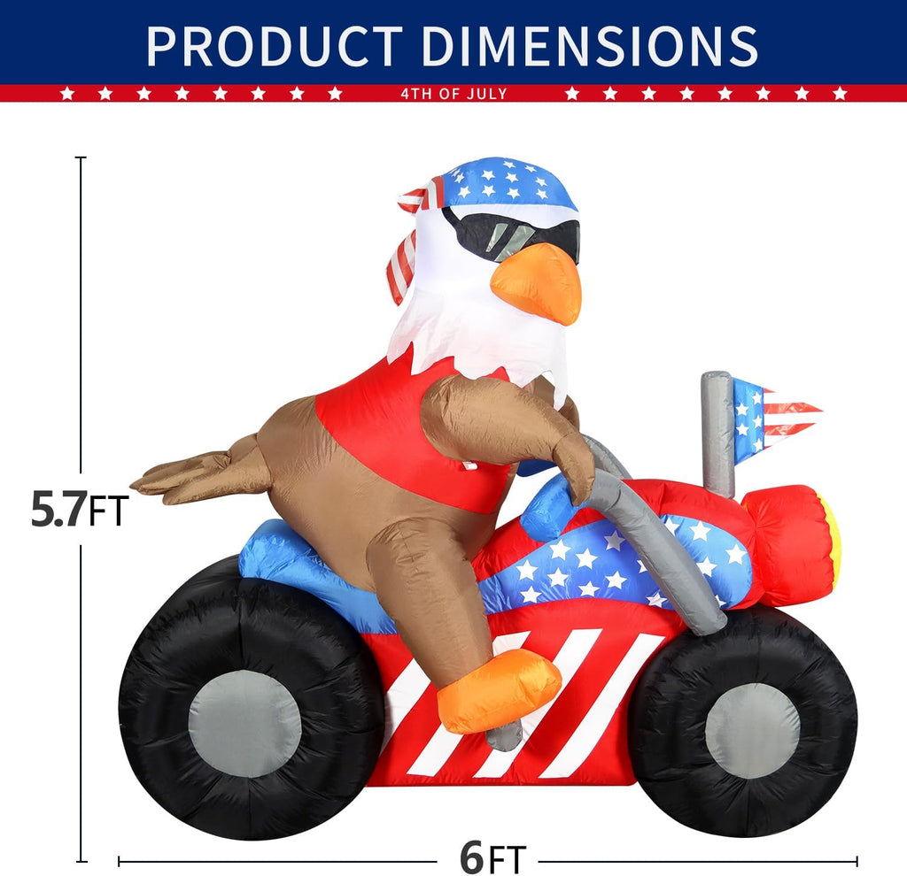 DomKom 6 FT Patriotic Independence Day 4th of July Inflatable Outdoor Decoration, Bald Eagle Sitting on Motorcycle, LED Lights Holiday Blow Up for Fourth of July Party Garden Yard Lawn Decor