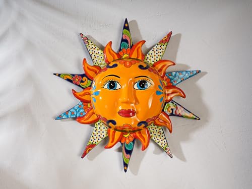 Mexican Talavera Pottery Wall Large Art Sun Face Handmade Decor Patio Porch Ceramic Art For Indoor Outdoor Home Garden Wall Sculpture Mexico Folk Art Astrology Star