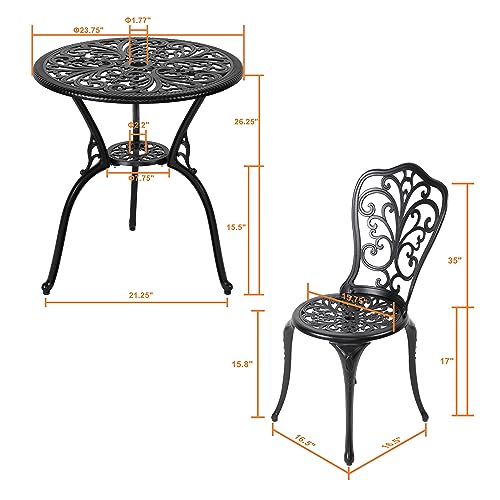 NUU GARDEN Bistro Set 3 Piece Outdoor All Weather Cast Aluminum Patio Bistro Set Patio Table and Chairs Set of 2 with Umbrella Hole for Backyard, Balcony, Front Porch, Lawn, Black